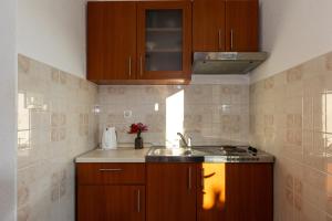 a kitchen with wooden cabinets and a sink at Pansion Mali Raj in Goveđari +204 photos