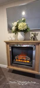 een open haard in een woonkamer met een open haard bij Meridian Tattershall Lakes Escape - Lakeside lodge caravan with the fishing peg LUXURY HOT TUB in Tattershall +34 foto's