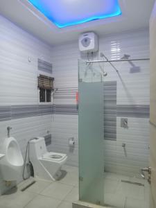 アブジャにあるMiriya Hotel and Apartmentsのバスルーム(トイレ、ガラス張りのシャワーブース付)