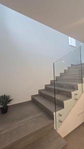 a glass staircase in a house with a potted plant at Villa Mar y Luna in Lignano Sabbiadoro