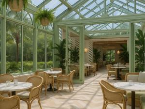 ein Restaurant mit Tischen und Stühlen in einem Wintergarten in der Unterkunft The Hawthorn by Galway Bay in Oranmore