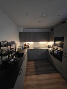 The HydeCozy bedroom 2 in a Charming London Flat的厨房铺有木地板,配有白色橱柜。