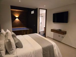a bedroom with a bed and a bathroom with a television at Rooca Urban in Medellín
