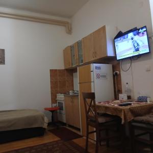 a small kitchen with a small table and a tv on the wall at Tali in Novi Sad