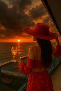 a woman in a red hat holding a glass of wine at PANORAMA Resort - Center Suite & Sea View in Batumi