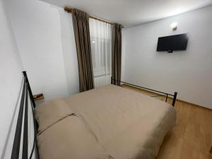 Un dormitorio con una cama y un televisor de pantalla plana. en Izvor apartament, en Borsa