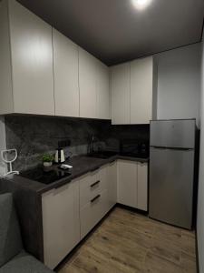 a kitchen with white cabinets and a stainless steel refrigerator at ChillVille in Ternopilʼ +1 photo