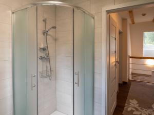 una ducha con puerta de cristal en un baño en Chalupa Jesenka, en Sobotín