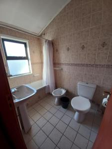 uma casa de banho com um WC, um lavatório e uma banheira em Hotel Antartida Argentina em Ushuaia mais 24 fotografias