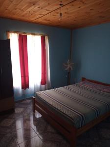 a bedroom with a bed with blue walls and windows at Casa Aleluna in Villa Giardino