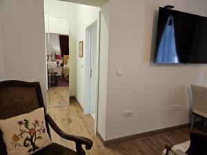贝尔格莱德Belgrade Luxury Suite 17的客厅配有椅子和墙上的电视