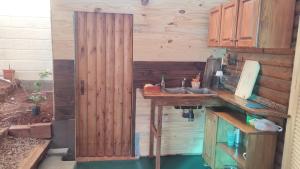 a kitchen with a sink and a wooden wall at Casa en Cataratas del Iguazú - GUEST HOUSE - in Puerto Iguazú