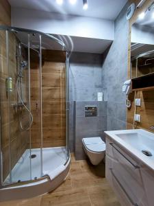 a bathroom with a shower and a toilet and a sink at AmaMolto Gardens in Wrocław
