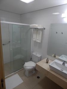 a bathroom with a toilet and a shower and a sink at Flat Hotel Mont Blanc Premium in Ribeirão Preto +2 photos