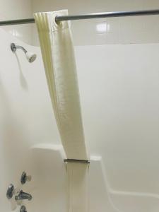 een douchegordijn in de badkamer met een bad bij Country Inn - Licking in Licking +17 foto's