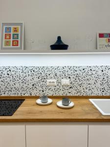 富切基奥Civico 21 living Tuscan loft的厨房里有一个贴着黑白壁纸的台面。