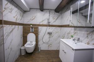 a bathroom with a toilet and a sink at Guest House Fortuna in Gabrovo +20 photos