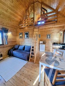 a living room with a blue couch and a ladder at Szalejówka Domki in Kłodzko