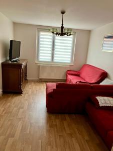 un salon avec un canapé rouge et une télévision dans l'établissement Gîte Orchidée, à Ergersheim