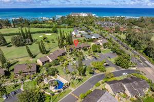 an aerial view of a resort with the ocean at Tee and Sea Getaway ay Turtle Bay in Kahuku