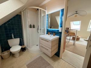 een badkamer met toilet, douche en wastafel bij L îlot d Arthur in Île-Tudy
