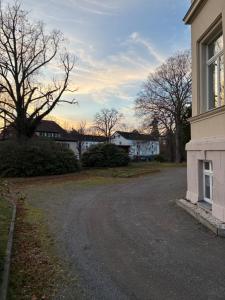 eine leere Straße neben einem Haus mit Bäumen in der Unterkunft MartiniVilla Rooms in Glauchau