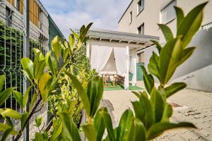 a courtyard with a table and a white curtain at Charming French Getaway Spacious Apartment with Garden and Parking in Dumbrăviţa