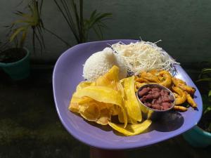 Un plato morado de comida con carne, patatas fritas y queso. en Hotel My Isla Bonita, en Moyogalpa