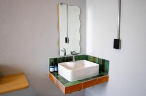 墨西哥城Hostal CASA MX bellas artes的浴室里有洗手池和镜子