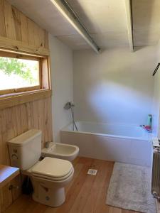 a bathroom with a toilet and a tub and a sink at Casa cerca del lago in Lago Puelo