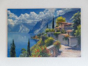 a painting of a view of a lake and mountains at Bremen Farge Wohnung mit 6 Schlafplätzen 