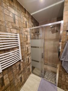 Skazdub StarySummer house in Suwalszczyzna- Dom w Dolinie Rospudy的浴室里有玻璃门的淋浴间 更多18张照片