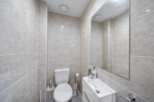 een badkamer met een toilet, een wastafel en een spiegel bij Modern House - 4 bed, sleeps 8 in Hastings +9 foto's