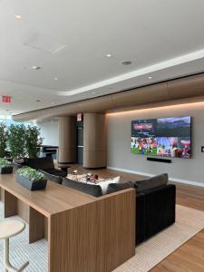 un soggiorno con divani e TV a schermo piatto di Bright, Modern Studio in White Plans a White Plains