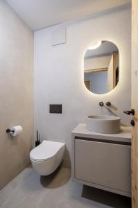 Un baño con inodoro, lavabo y espejo. en Vronis Lodge, en Hart im Zillertal 4 fotos más