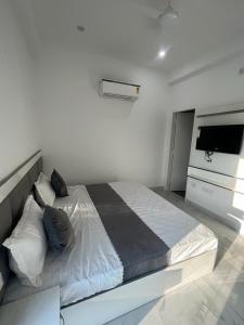 a white bedroom with a large bed with pillows at Sky s whiye house in Ludhiana