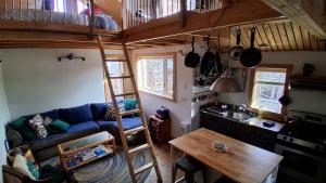 Yukon Sweet Spot Bed and Bakery في وايتهورس: غرفة معيشة مع أريكة زرقاء وسرير علوي +12 صورة