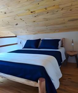 a bedroom with a large bed with blue pillows at Chalé com bela vista para as montanhas in Resende