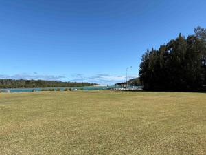 a large grass field with a tree and a building at Waterview Motel Sussex Inlet in Sussex inlet