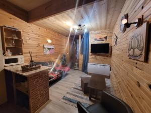 a living room with a couch and a table and a tv at Appartement Pyrénées 2000 in Bolquere Pyrenees 2000