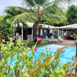 a house with a palm tree and a swimming pool at Lukila Bungalow chez Rustine et Pompette in Saint-François