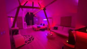 CrisnéeL'Améthyste的客厅里有粉色的灯光、一张床和一张沙发。