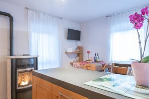 帕卢扎Cjase al Tistignar的厨房以及带花瓶桌子的客厅。