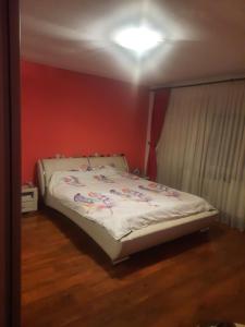 ein Bett in einem Zimmer mit einer roten Wand in der Unterkunft AlexandraMihai in Craiova
