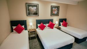 two beds in a room with red pillows at JUST B Townhouse in Dingle