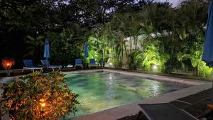 タマリンドにあるTee-K Lodge Tamarindoの庭園内のスイミングプール(椅子、パラソル付)