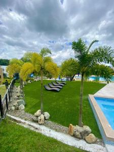 a resort yard with palm trees and a swimming pool at Apartamento con piscinas y jacuzzi in La Tebaida