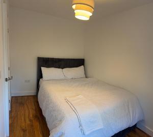 ein Schlafzimmer mit einem Bett mit einer Lampe darüber in der Unterkunft Comfortable double room with shared spaces in Longbridge