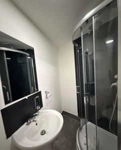 a bathroom with a sink and a glass shower at TBH Hotel in Barking +8 photos