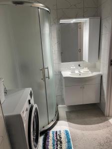 a bathroom with a shower and a sink and a washing machine at Flat in Fushë Kosova in Kosovo Polje